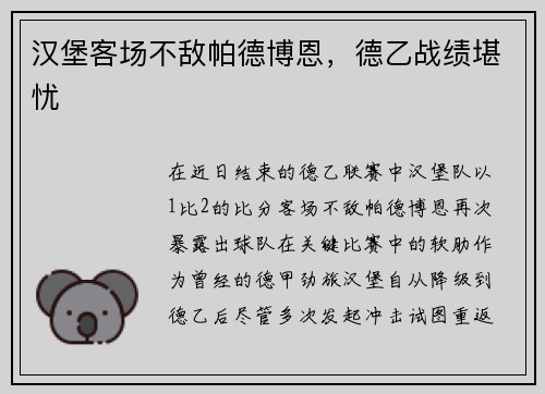 汉堡客场不敌帕德博恩，德乙战绩堪忧