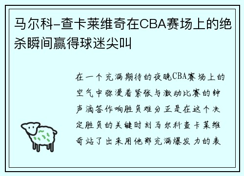马尔科-查卡莱维奇在CBA赛场上的绝杀瞬间赢得球迷尖叫